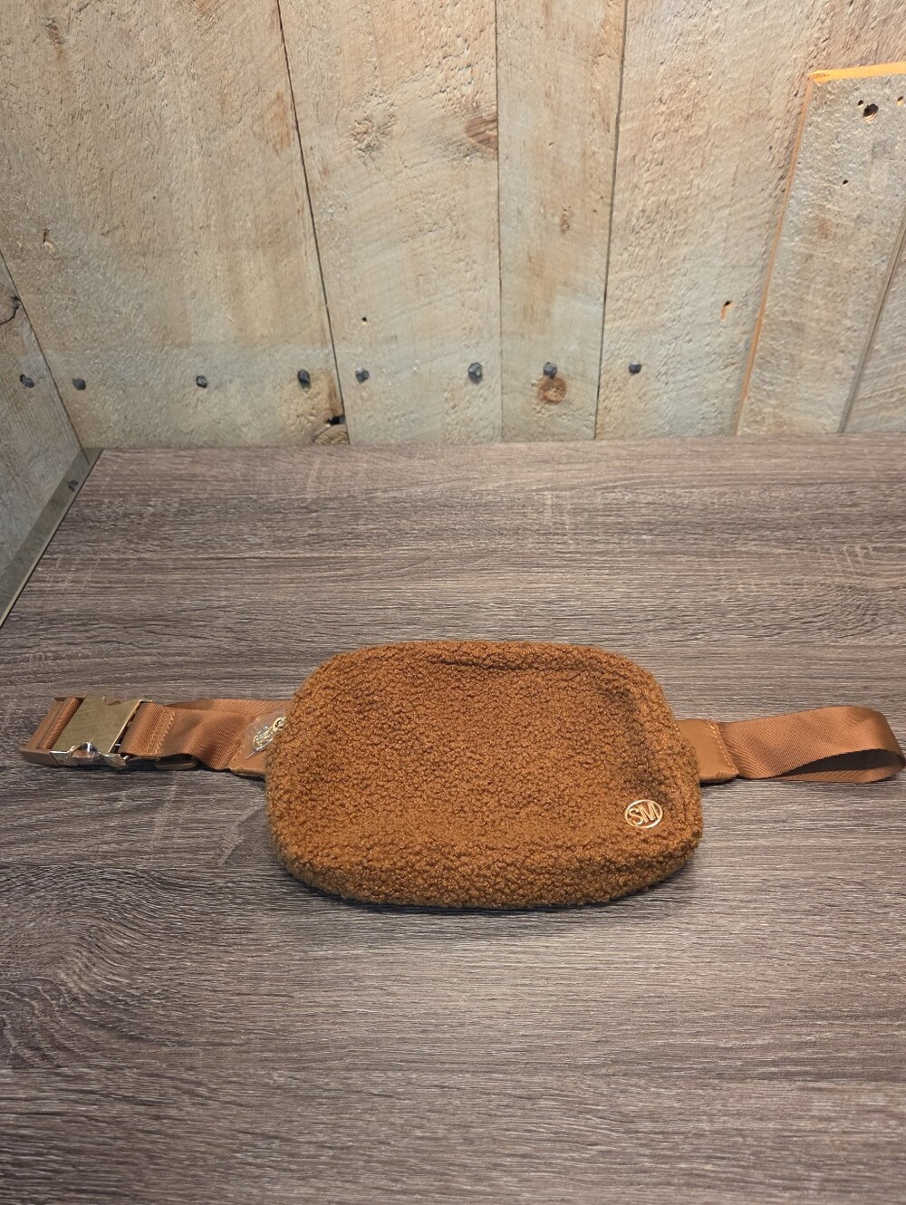 Steve Madden Teddy Sherpa Belt Bag Fanny Pack Brown SM Logo Adjustable Strap